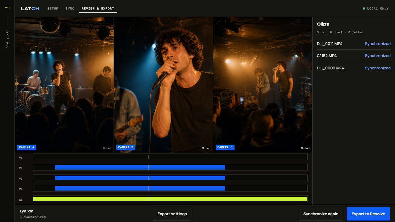 Latch Review with three camera tiles, a master timeline, and Export to Resolve