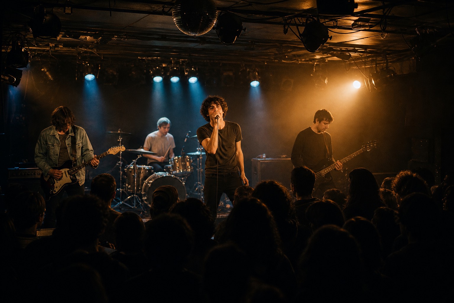 Wide room view of a four-piece band on a small club stage